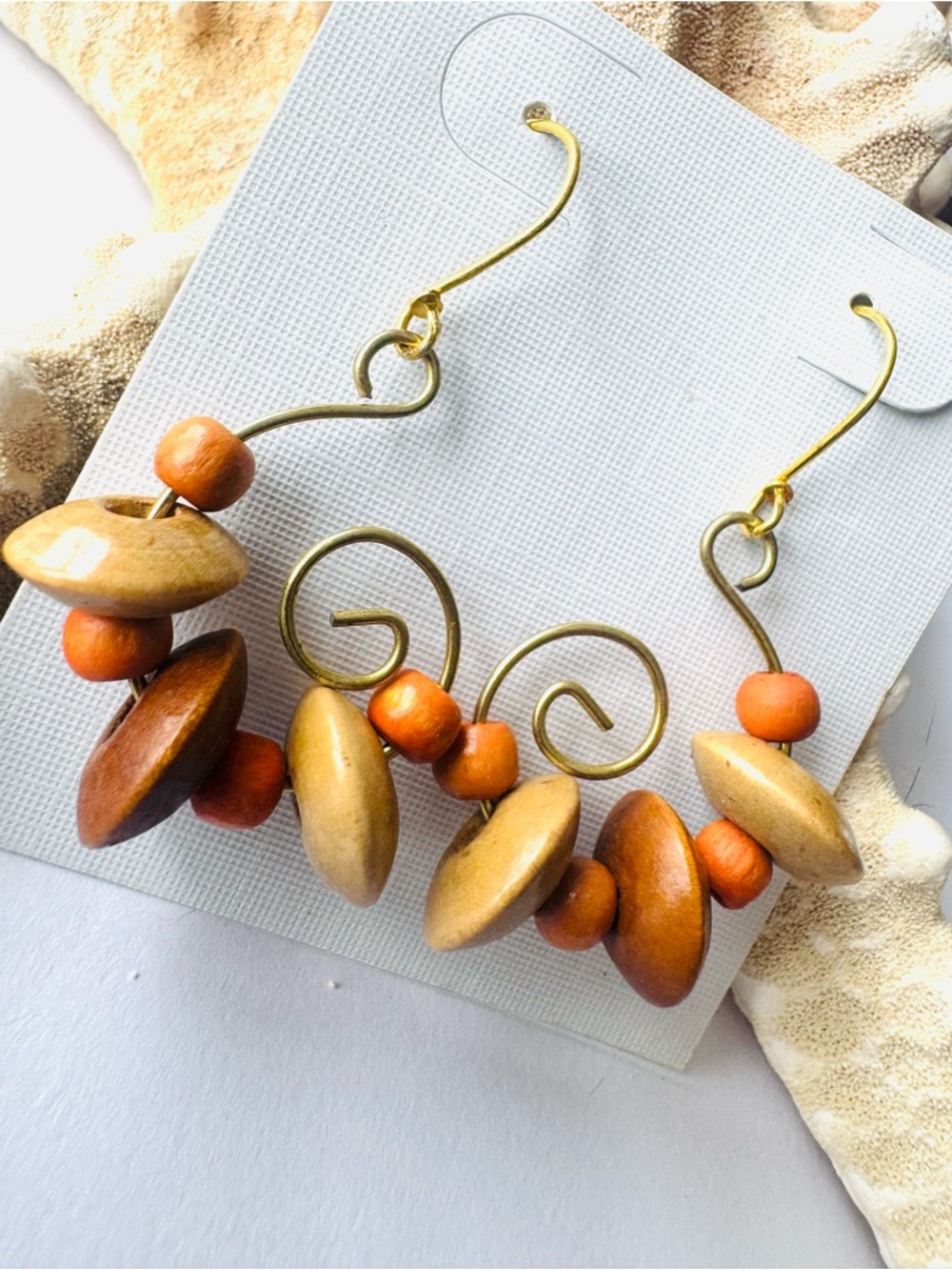 Gold Swirl Natural Wood Bead Earrings - Tan Orange & Brown - NWT gift packaged